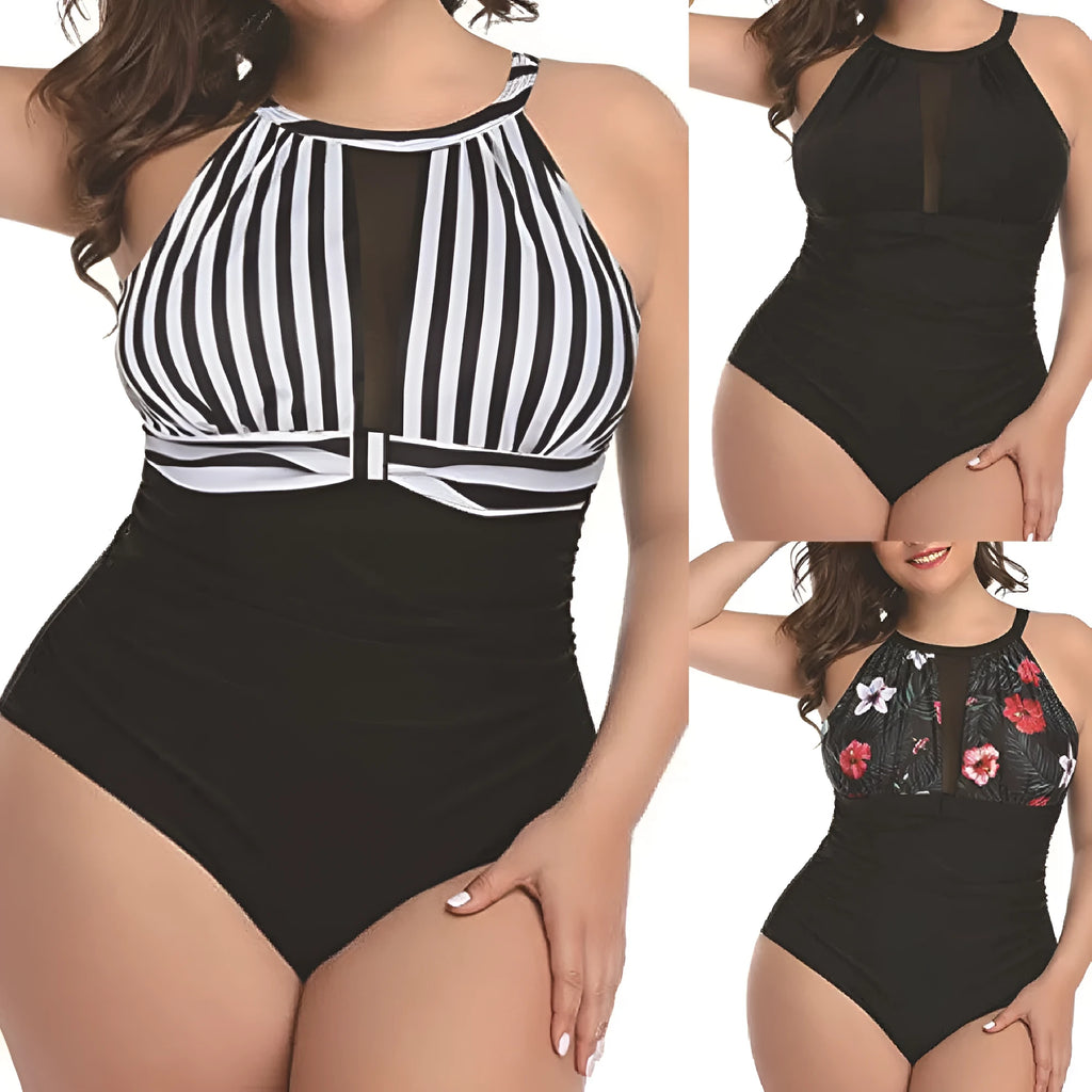 Women's black lace one-piece swimsuit on a hanger, showing front design.