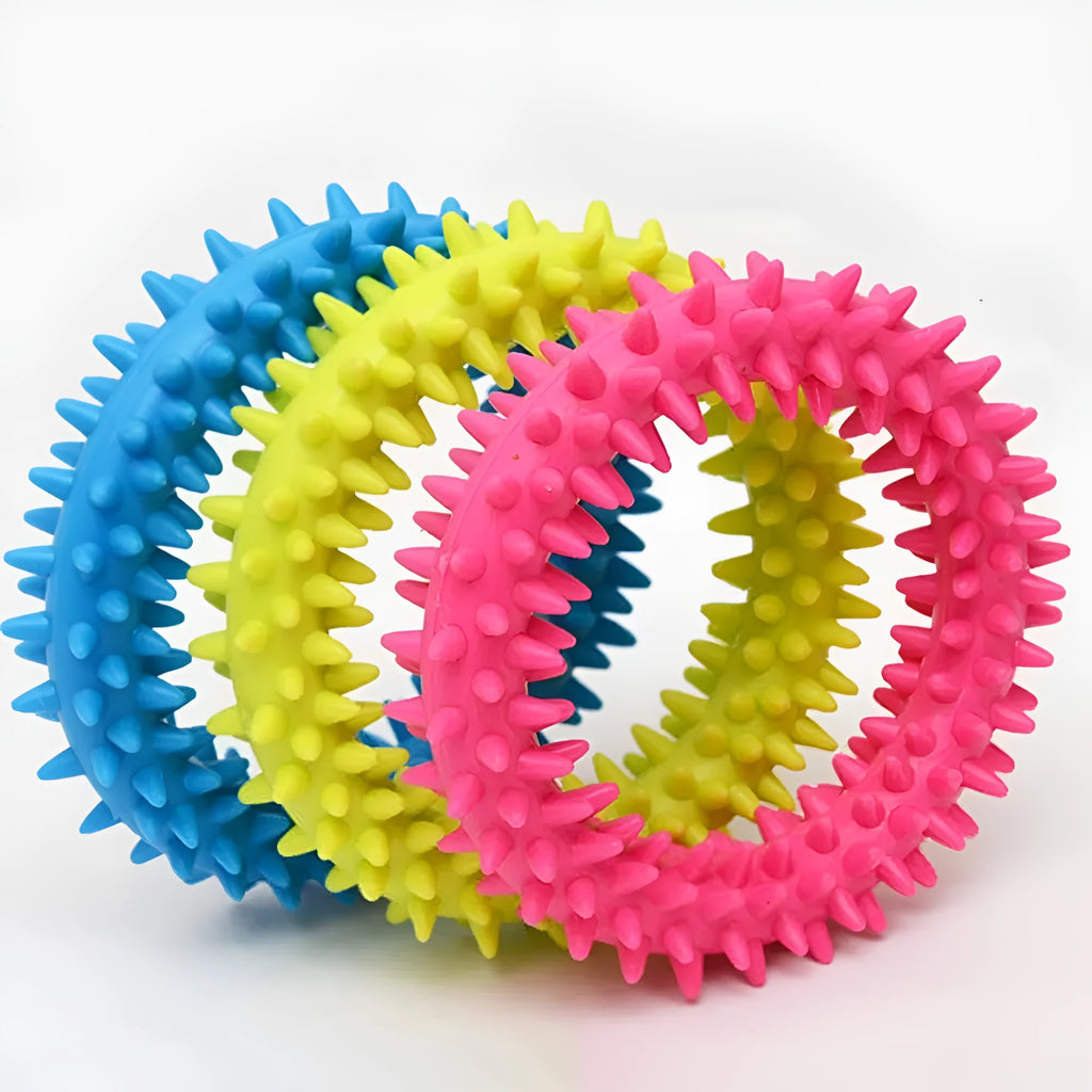 TPR spiky circle dog chew toy with dental cleaning nubs in multiple colour options