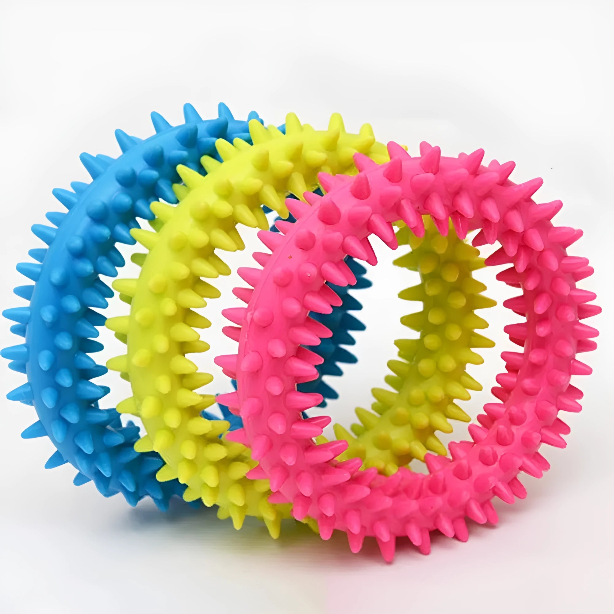TPR spiky circle dog chew toy with dental cleaning nubs in multiple colour options