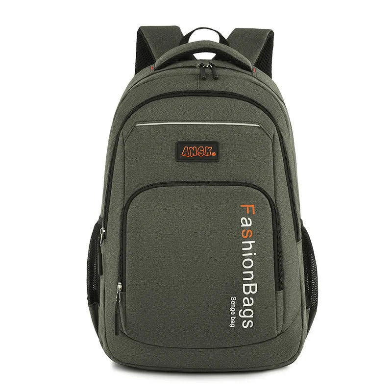 Nylon fashion backpack in black showing double shoulder straps and multiple zippered compartments.