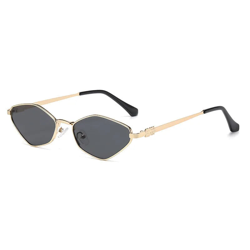 Gold metal small frame rhombus cat eye sunglasses with coloured lenses.