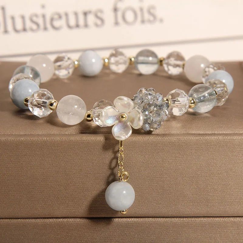Opal and crystal woven bracelet with cat flower motif, couple style, Crystal Woven Ball option