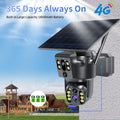 Solar-powered outdoor security camera with wall bracket and dual lens monitor.