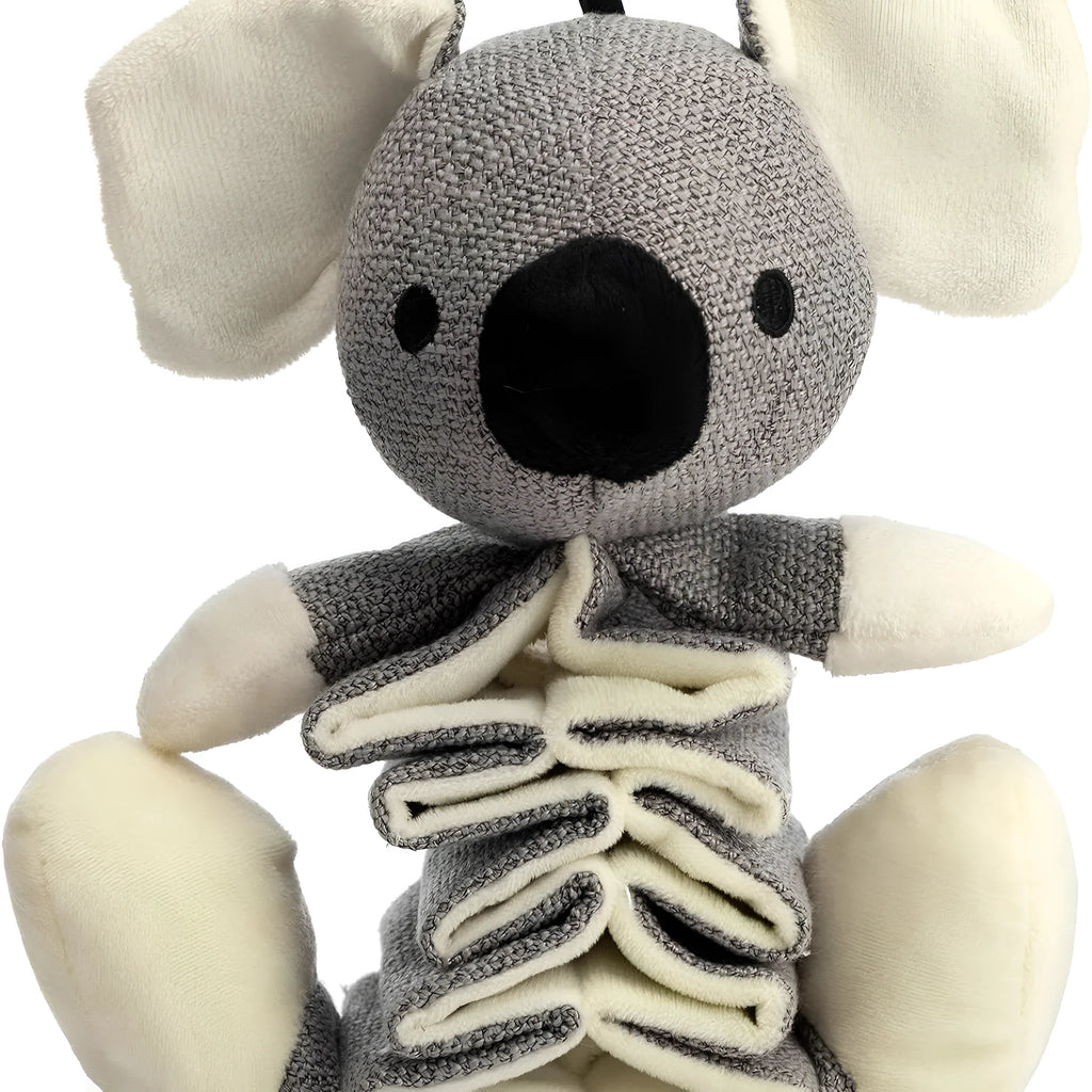 Grey koala dog toy measuring 30cm with crinkle paper inside and rope through body