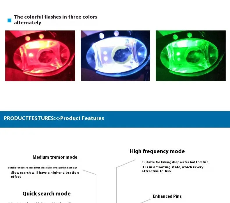 Electronic fishing lure with luminous metal vib body in blue and red colour options
