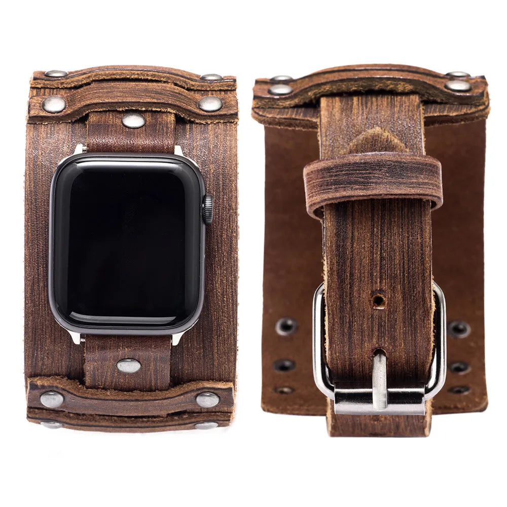 Genuine cowhide watch strap punk style black colour 38/40mm lug width on a dark background