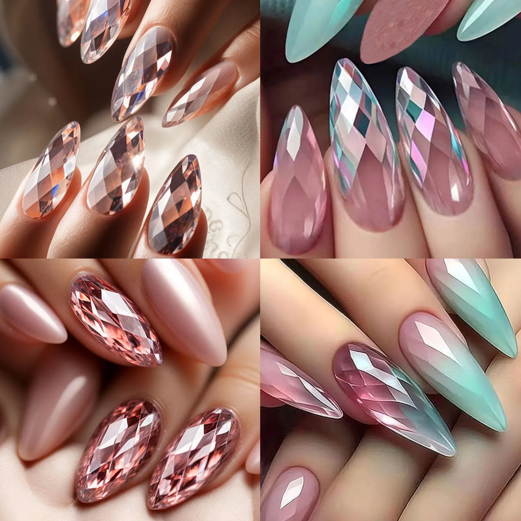 False nail tips with 3D diamond texture in long shaping, showing multiple colour collections.