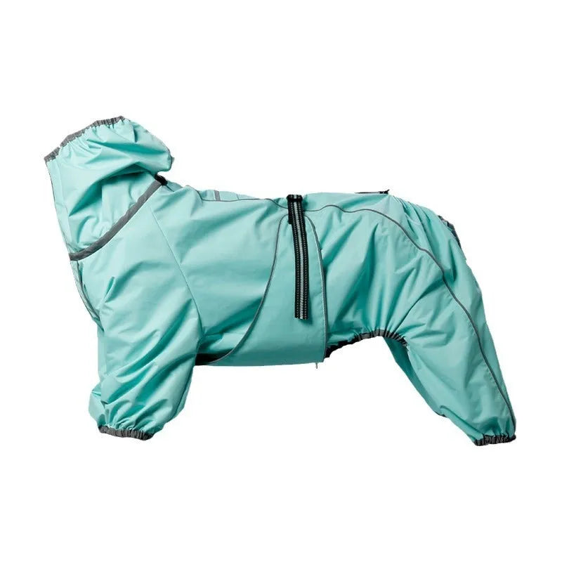 Cotton-padded dog shell jacket in four colours: red, black, light blue, and grey, shown on a model dog
