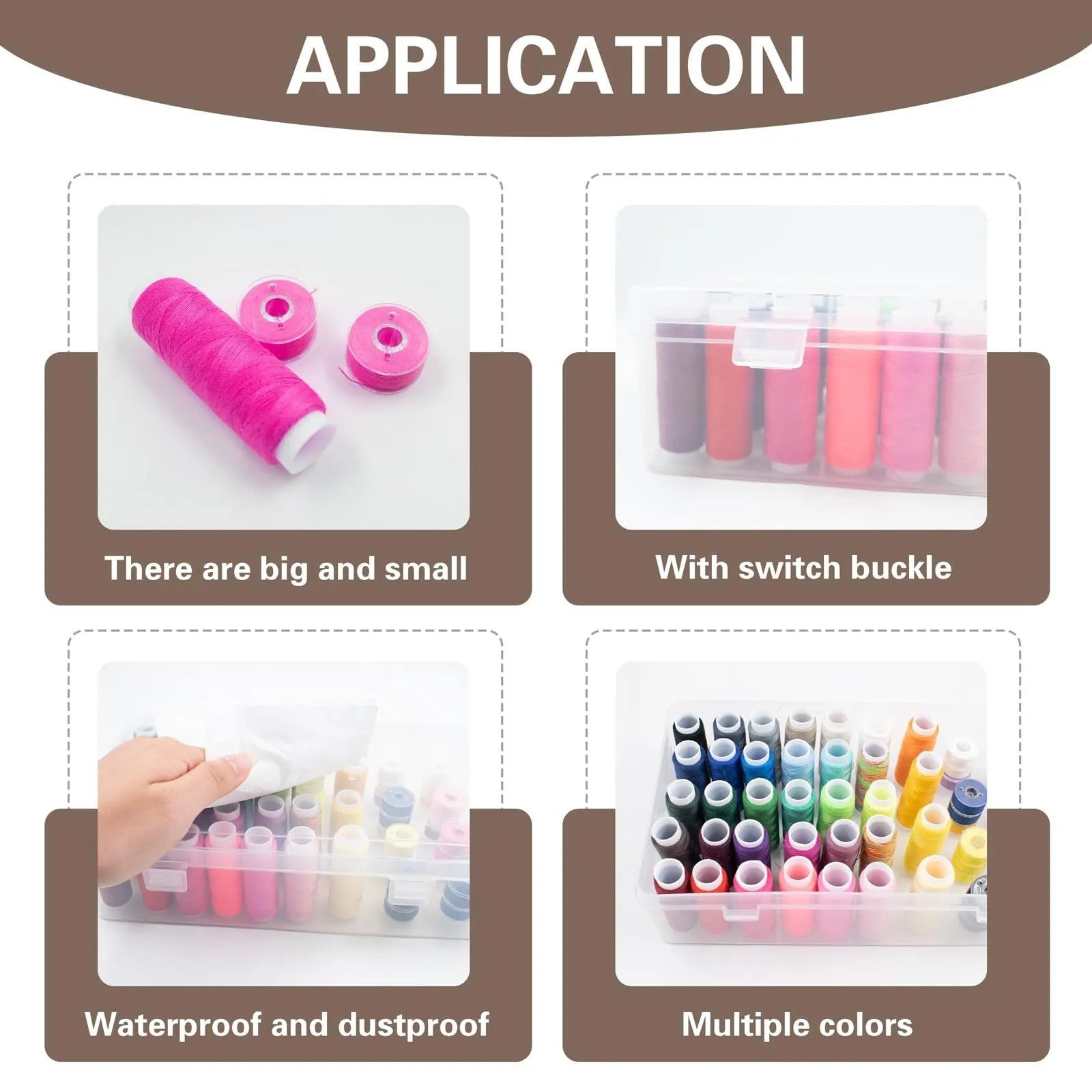 Transparent plastic embroidery storage box with 42 compartments showing thread organisation