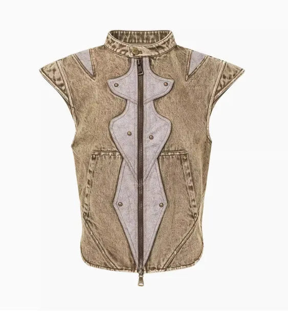Men's Korean style cotton denim pleated vest with water wash finish in picture colour