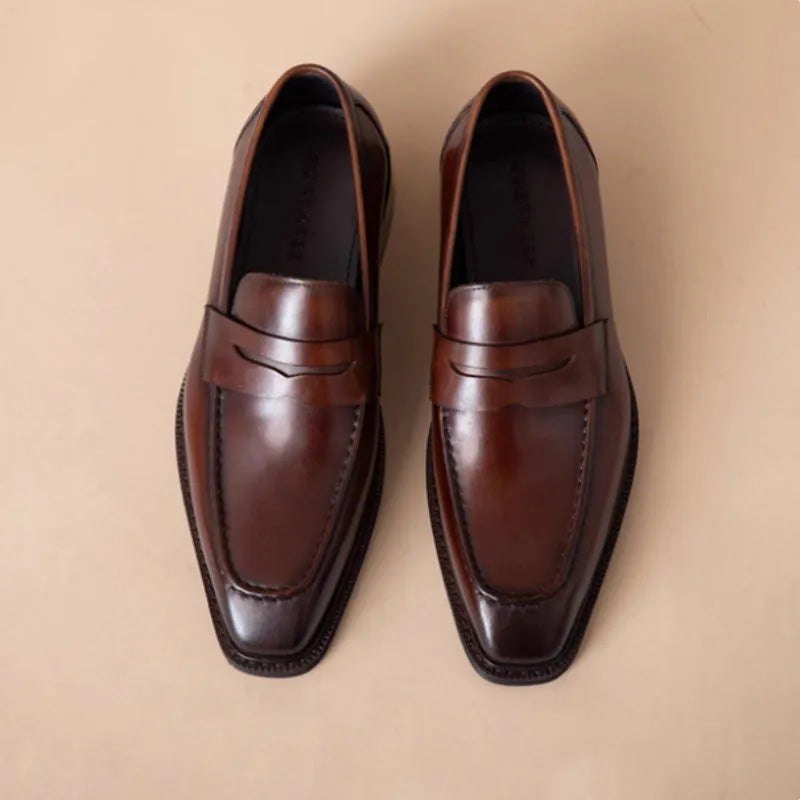 Men's genuine leather slip-on casual shoes in brown with top-grain cowhide upper and rubber sole
