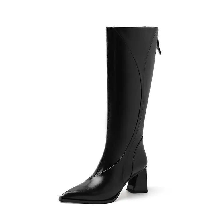 Black retro-style women's high heel riding boots made from cowhide with a waterproof platform.