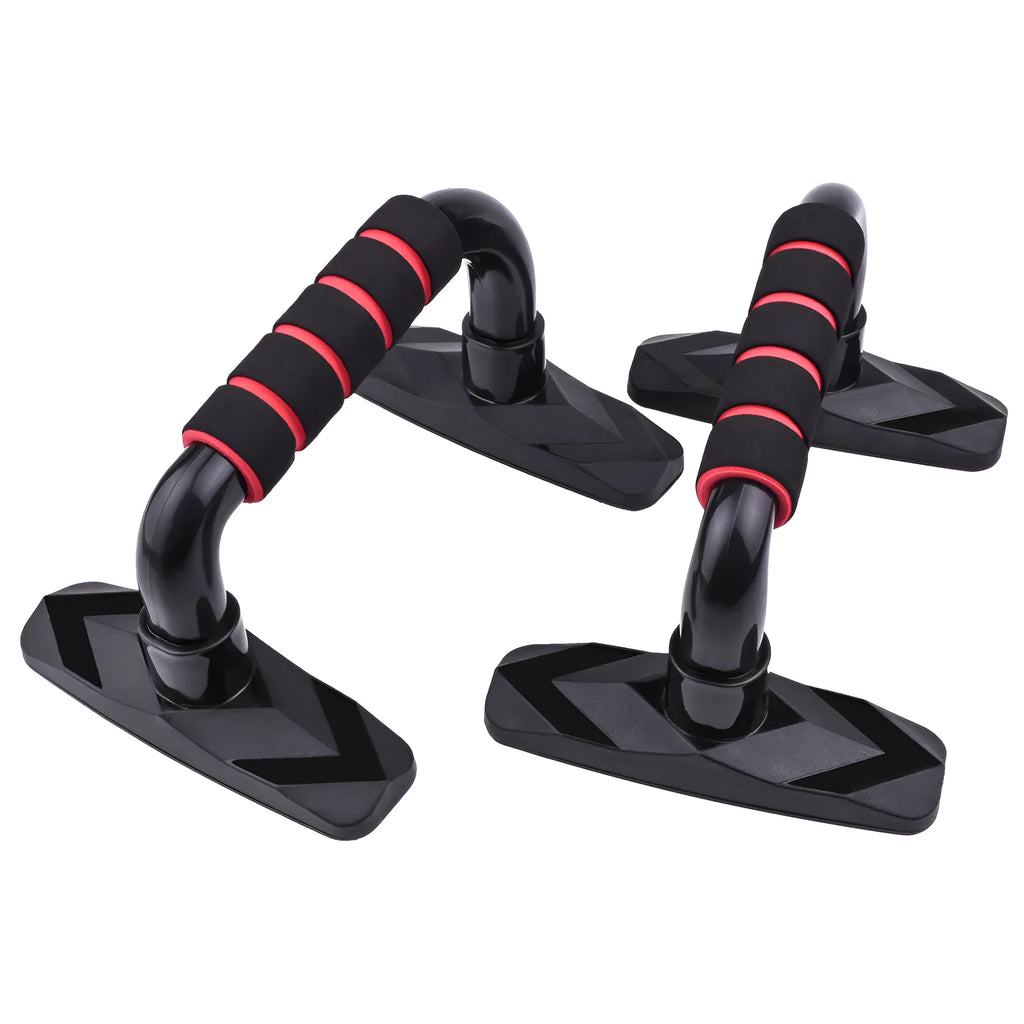 Set of two I-shaped black push up bars with PP sponge padding for strength training.