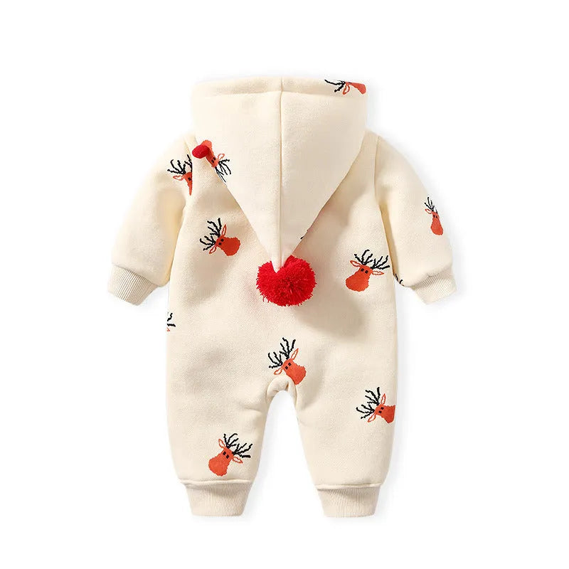 Khaki cotton padded baby crawl suit with Christmas moose pattern, one-piece romper for infants