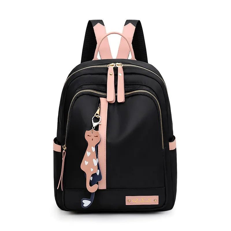 Men's black casual nylon backpack with shoulder straps, showing outer pocket and square vertical shape.