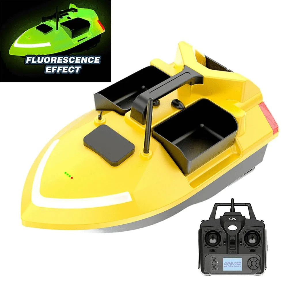 Remote control fishing boat with GPS antenna on deck, shown on water with remote control.