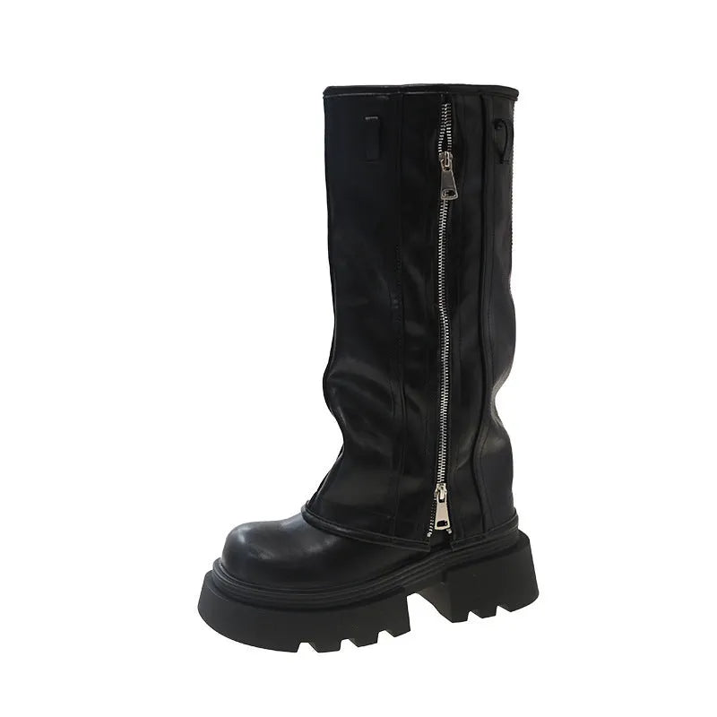 Platform muffin pants Martin boots with high cylinder design and square heel in black, brown and wine red colours