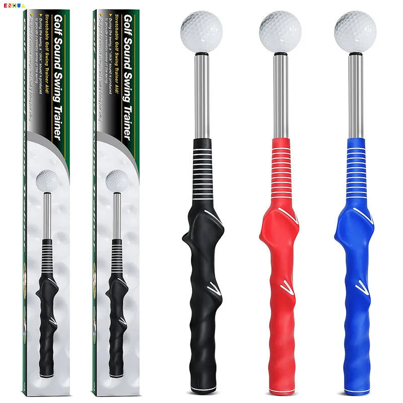 Stainless steel telescopic golf swing simulator trainer in black, blue, and red colours.