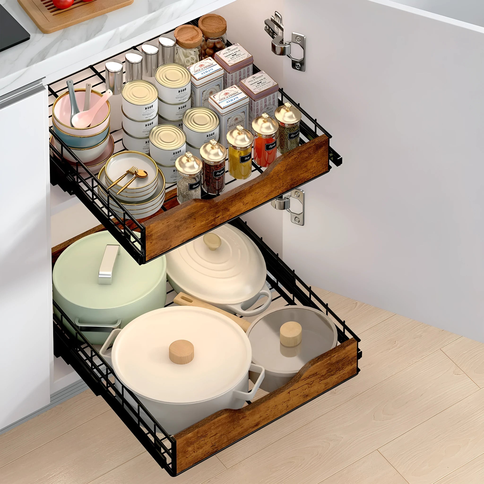 A black modern storage rack with wooden pull baskets and an iron frame for kitchen organisation.