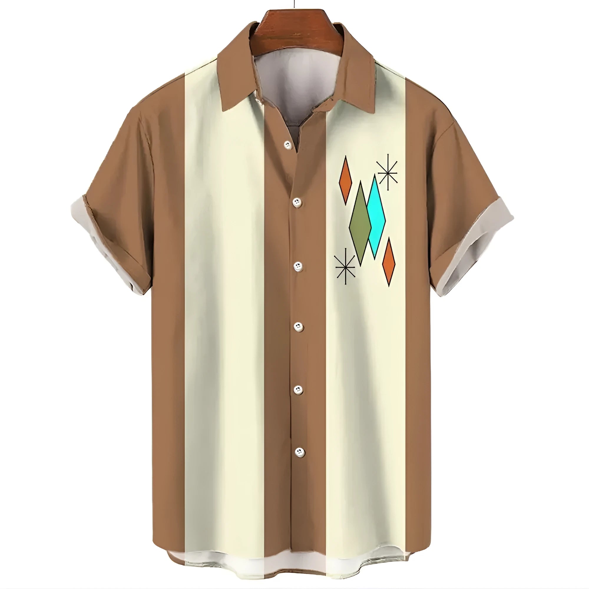 Man wearing a short sleeve striped Hawaiian shirt with a button-down front.