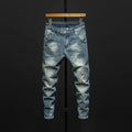 Men's slim-fitting skinny jeans in dark blue denim with a mid-waist design.