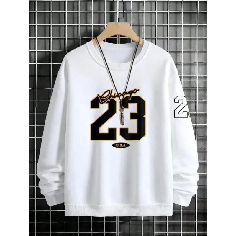 Men's art letter design fleece sweatshirt pullover in black, front view
