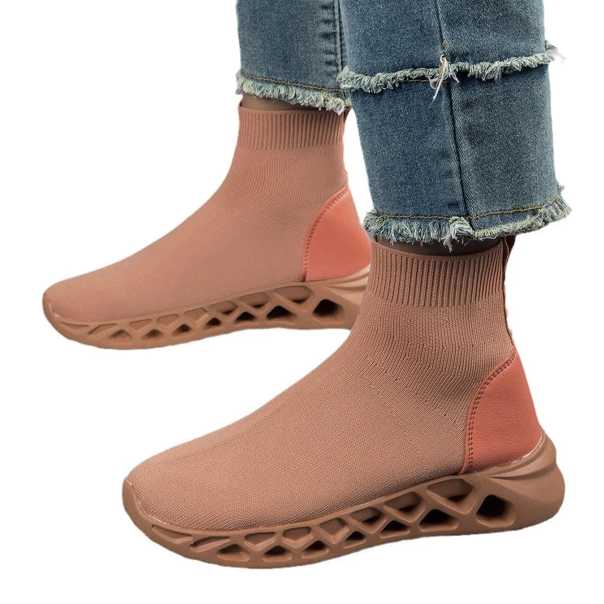 Women's low-top casual mesh slip-on shoe in terracotta colour on a white background.