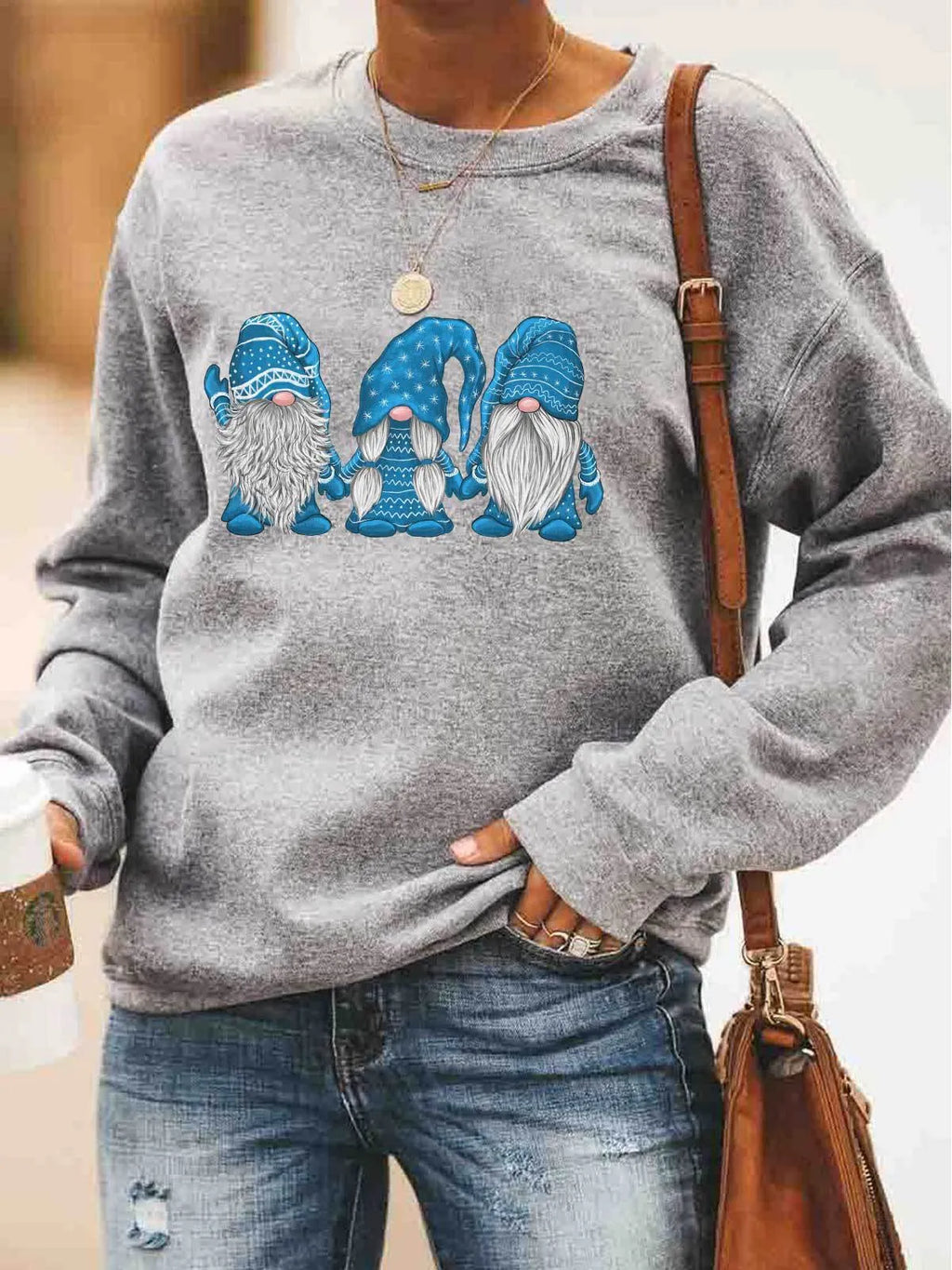 Christmas women's cotton sweater with red Santa Claus print, crew neck, long sleeves, size M