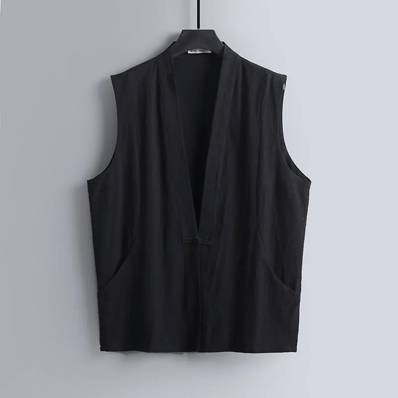 Men's sleeveless linen vest in loose fit available in multiple solid colours