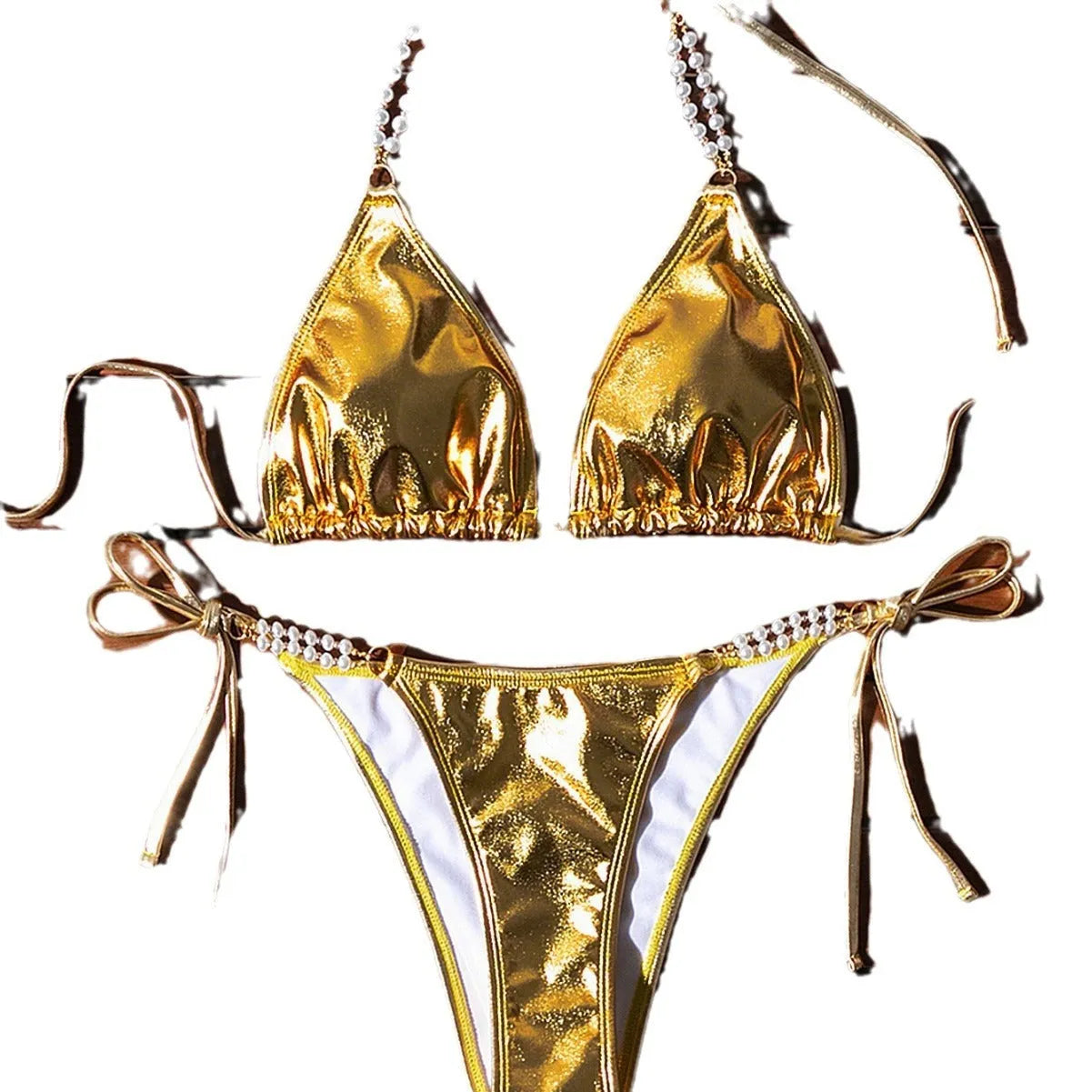 Gold halter bikini with lace-up front and pearl chain detail, brief cut swimsuit