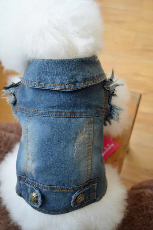 Retro scratch pattern denim dog vest in dark and light wash colours for autumn winter wear