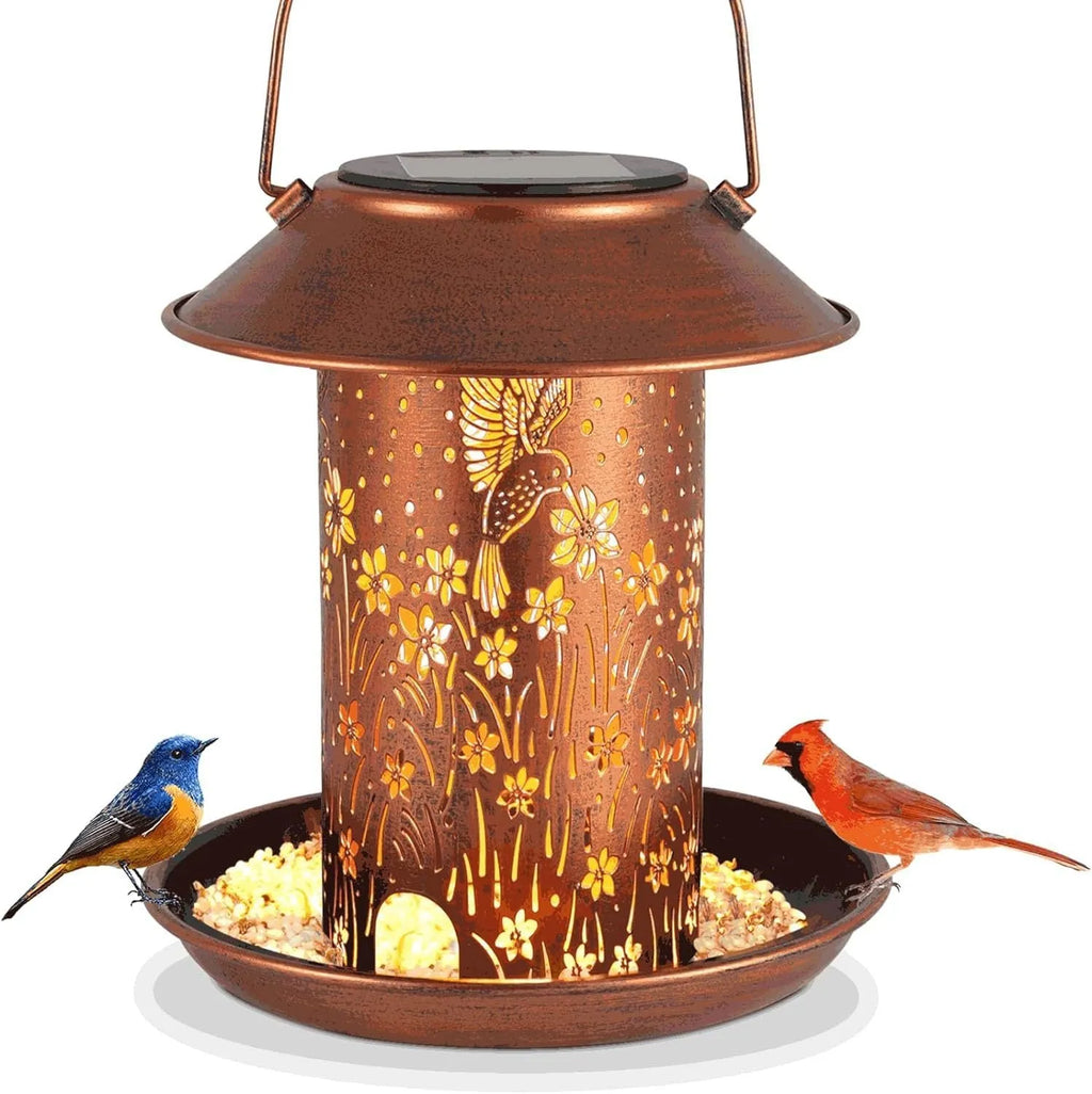 Iron art solar-powered bird feeder lamp with hummingbird pattern design for outdoor garden use.