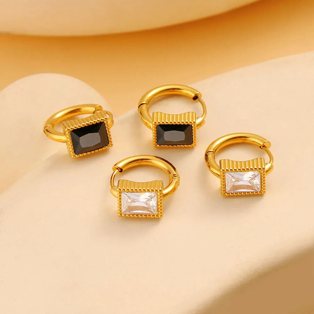 Geometric stainless steel earrings with square zircon and round ring elements in three colour options