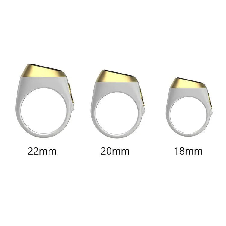 Zikr1 silver smart ring on a finger showing its OLED display and single button.