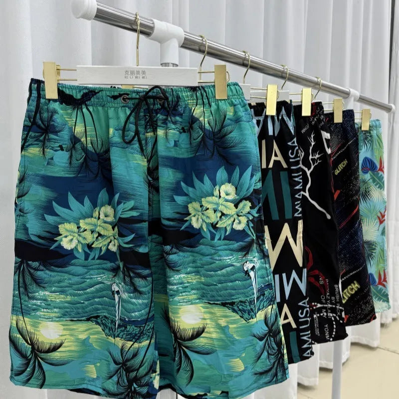 Men's loose-fitting striped beach trousers made from quick-drying ice silk fabric.