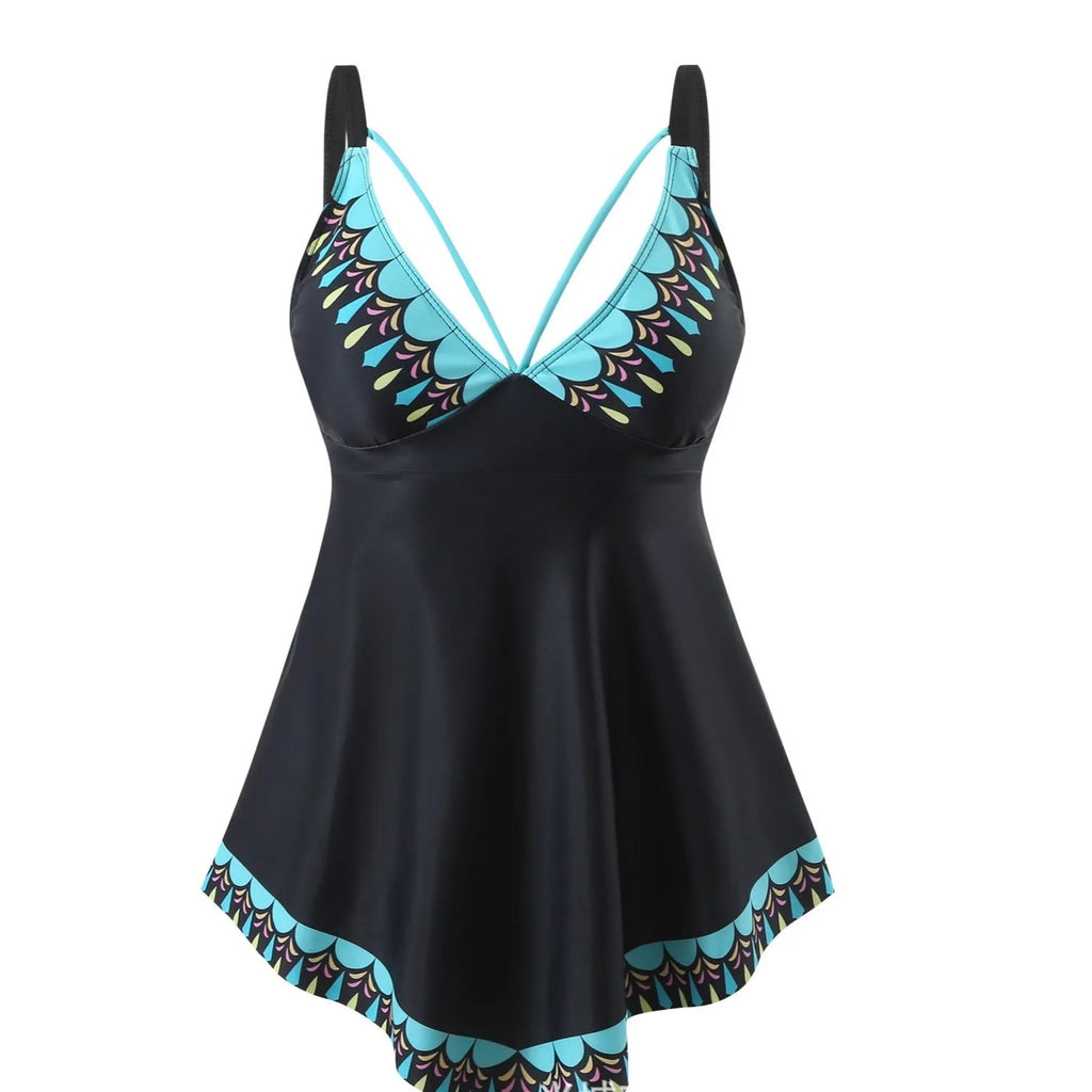 Plus size green two-piece bikini swimsuit with backless design on a mannequin.