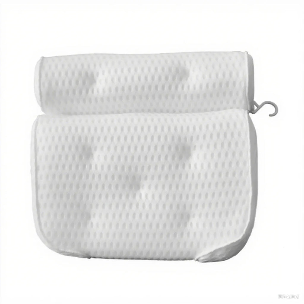 White bathtub pillow with suction cups showing 4D mesh construction and 3D permeable material