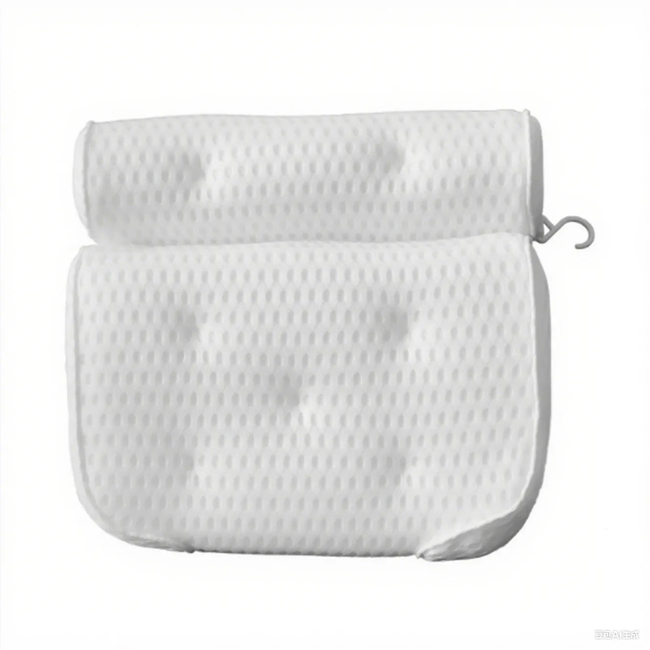 White bathtub pillow with suction cups showing 4D mesh construction and 3D permeable material