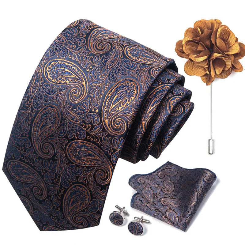 Men's floral embroidery tie and pocket square set in polyester yarn with jacquard weave, 147cm length