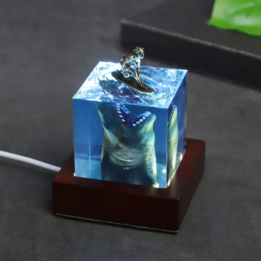 Ocean Shark Surfer resin night light ornament in epoxy resin with modern shark design