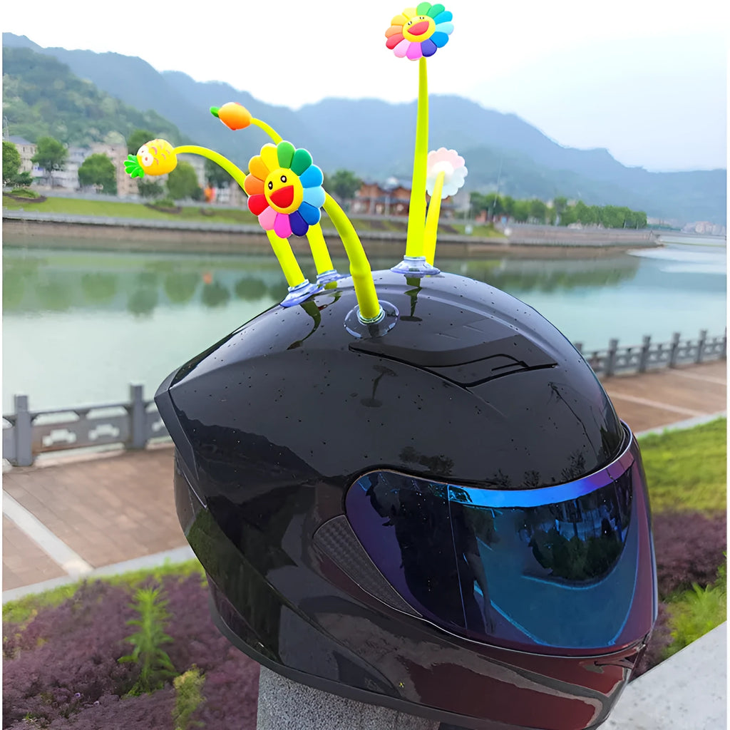 Yellow silicone sunflower decoration with suction cup for helmet attachment
