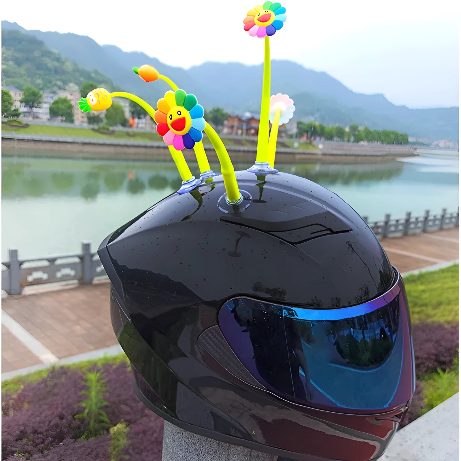 Yellow silicone sunflower decoration with suction cup for helmet attachment