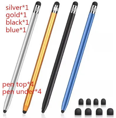 Universal metal touchscreen stylus pen shown in multiple colours including black, silver, blue and pink.