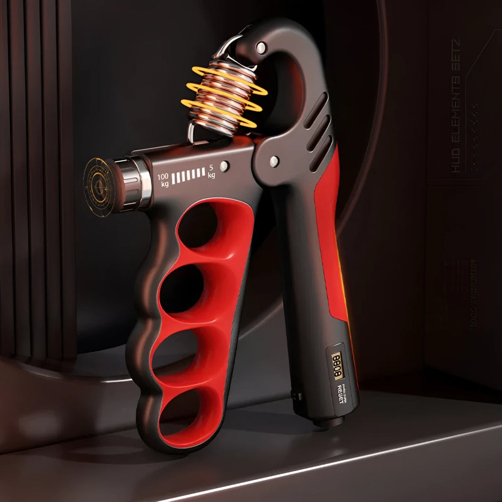 Adjustable electronic spring grip with digital counter display in orange, red or grey options