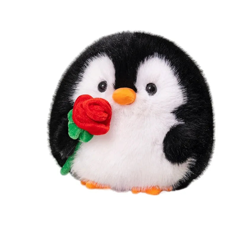 Cute rose penguin doll plush toy 20cm in black with rose decoration