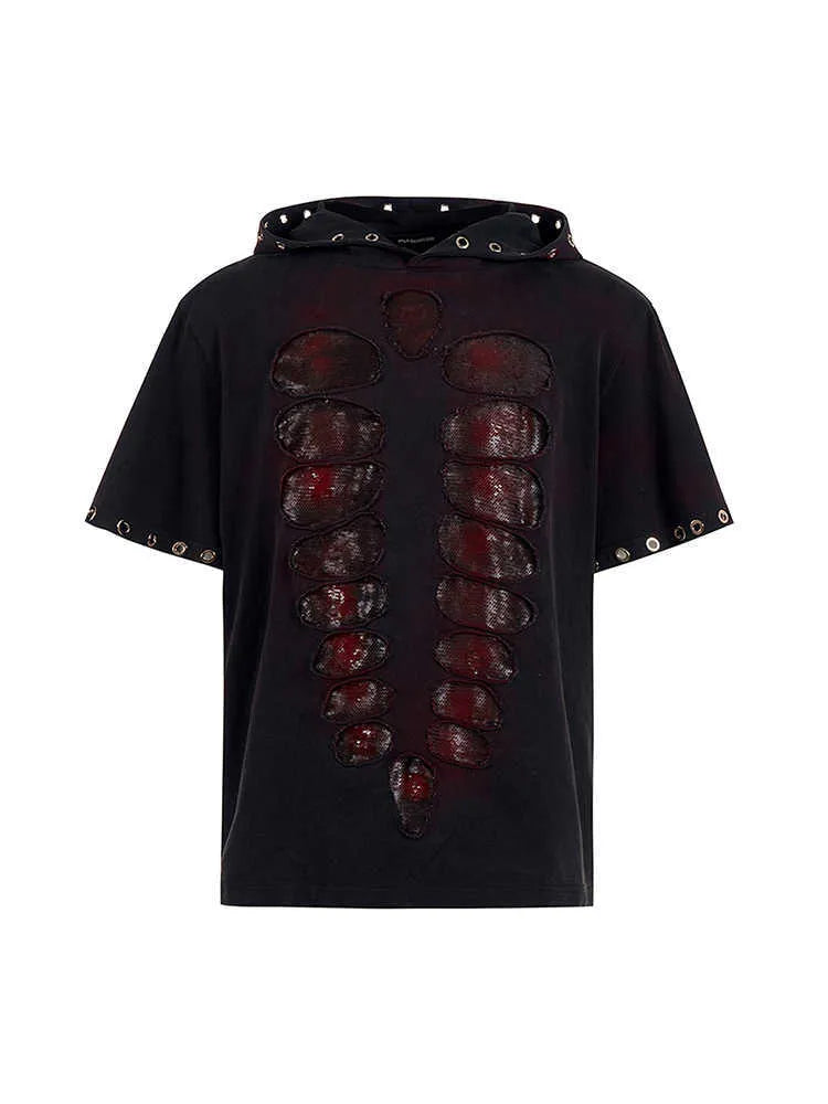 Black hooded short-sleeved T-shirt with sequin decoration in loose-fitting men's cut