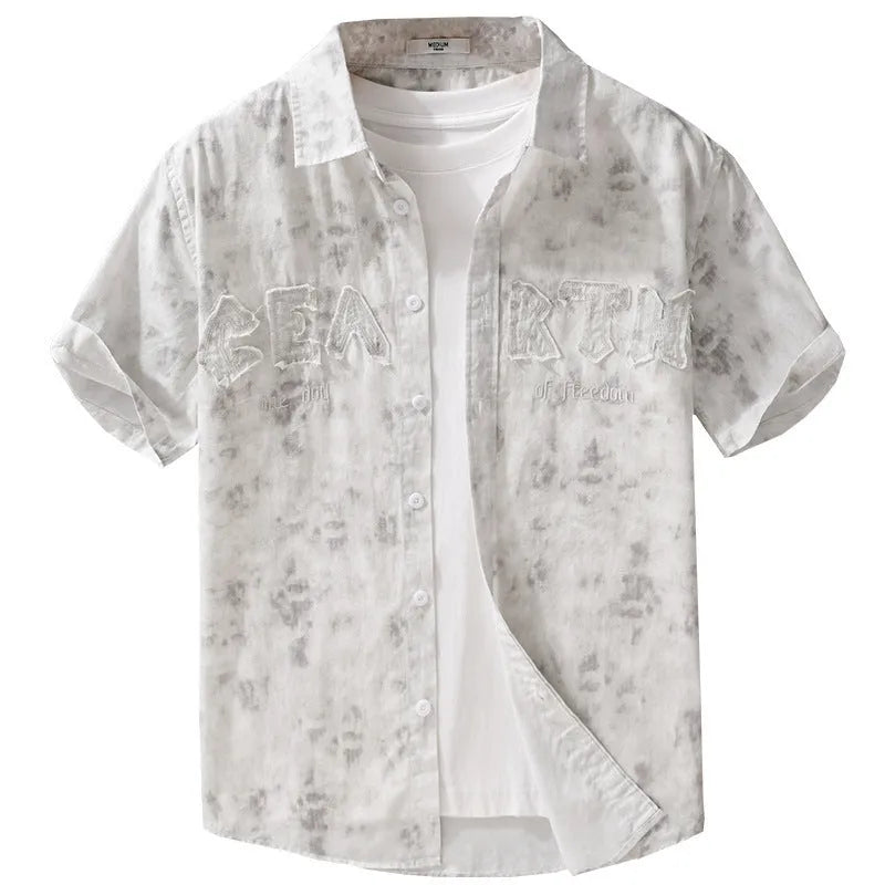 Men's grey white cotton short sleeve cardigan with hanging dyed printed pattern in loose fit style