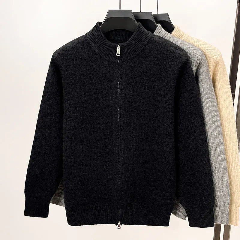 Men's black knitted zipper cardigan with stand collar shown in loose fit