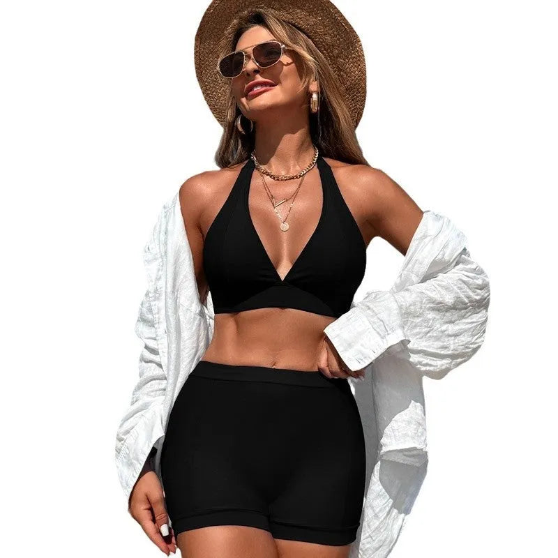 Women's two-piece nylon bikini swimsuit shown in one of four colour options: black, royal blue, pink, or purple blue.
