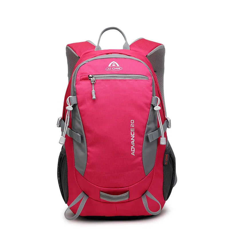 20-litre backpack shown in available colours: black, blue, green, orange, red, rose red, turquoise.